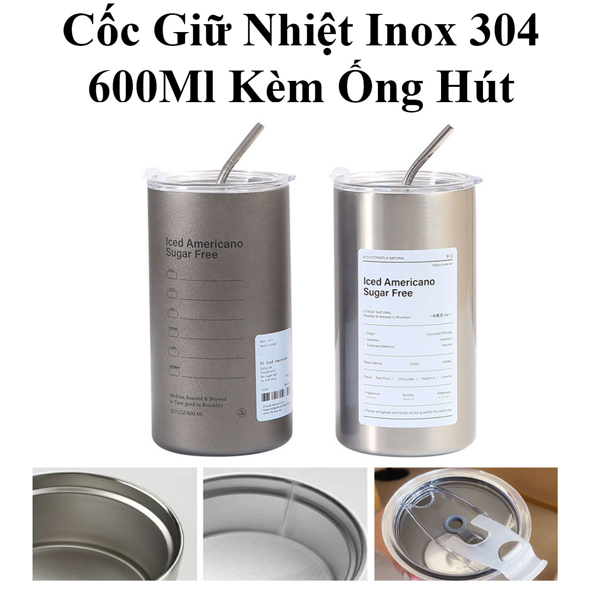 Cốc Giữ Nhiệt Inox 304 Sugar Free 600Ml Kèm Ống Hút