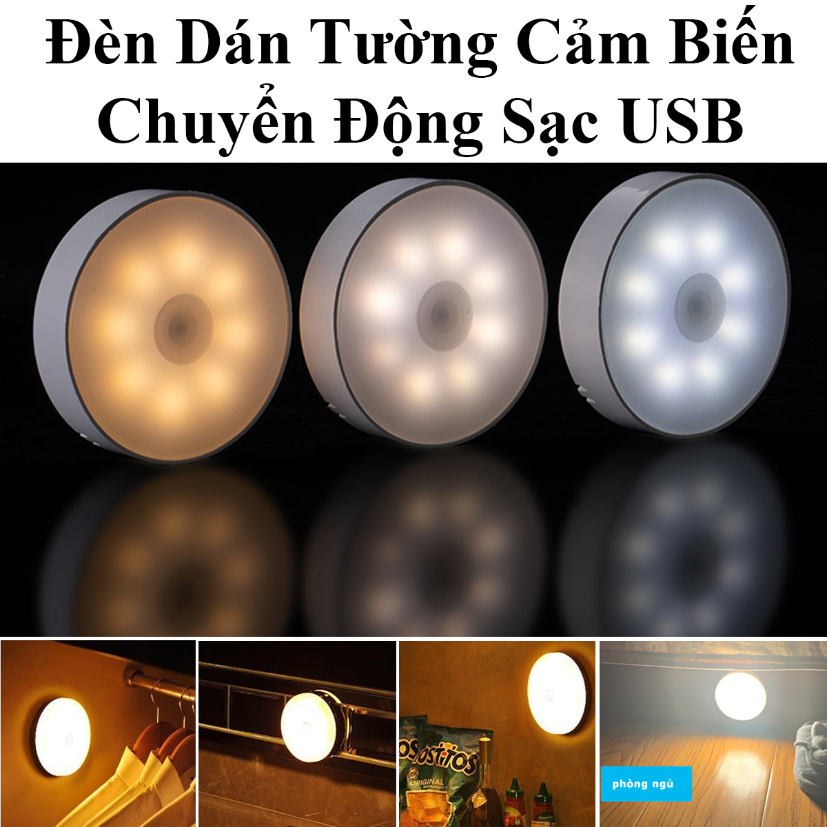 Đèn Dán Tường Cảm Biến Chuyển Động 2 Chế Độ White, Warm Sạc Usb Size 9Cm
