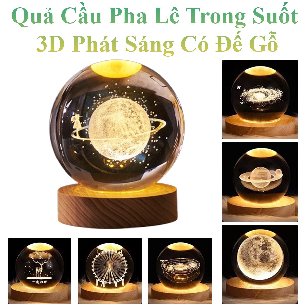Quả Cầu Pha Lê Trong Suốt 3D Phát Sáng Có Đế Gỗ Để Bàn 6Cm