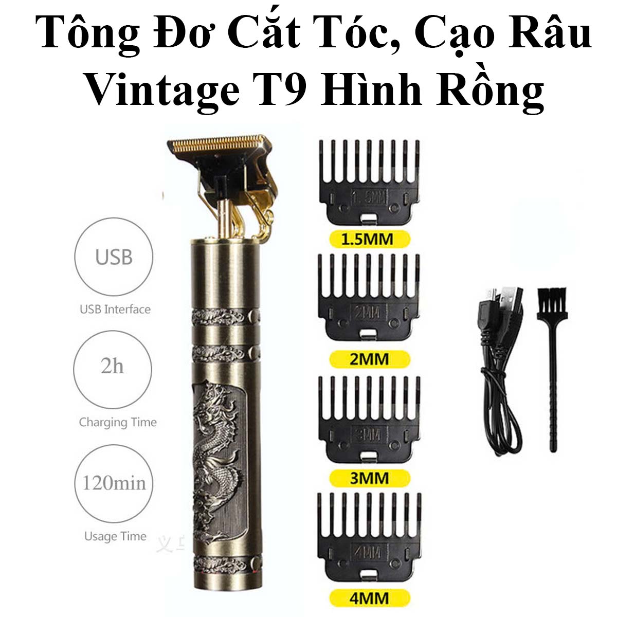 Tông Đơ Cắt Tóc, Cạo Râu, Bấm Viền Vintage T9 Hình Rồng