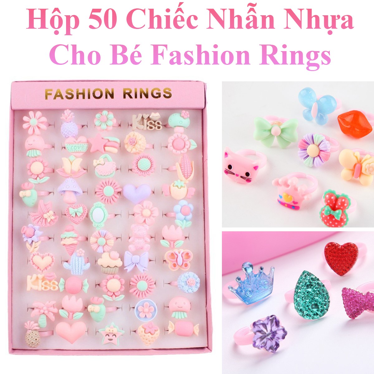 Hộp 50 Chiếc Nhẫn Nhựa Cho Bé Fashion Rings Dễ Thương
