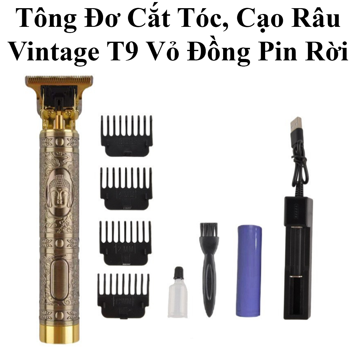 Tông Đơ Cắt Tóc, Cạo Râu, Bấm Viền Vintage T9 Vỏ Đồng Pin Rời