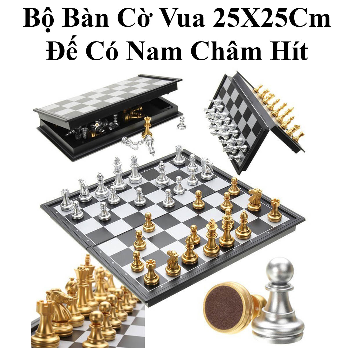 Bộ Bàn Cờ Vua 25X25Cm Cao Cấp Vàng Bạc Đế Có Nam Châm Hít