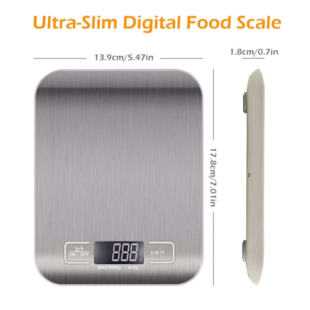 Cân Điện Tử Nhà Bếp 5Kg Màn Hình Lcd Mặt Nhôm Cao Cấp Tặng Kèm Pin
