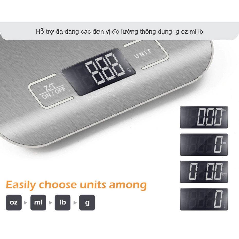 Cân Điện Tử Nhà Bếp 5Kg Màn Hình Lcd Mặt Nhôm Cao Cấp Tặng Kèm Pin