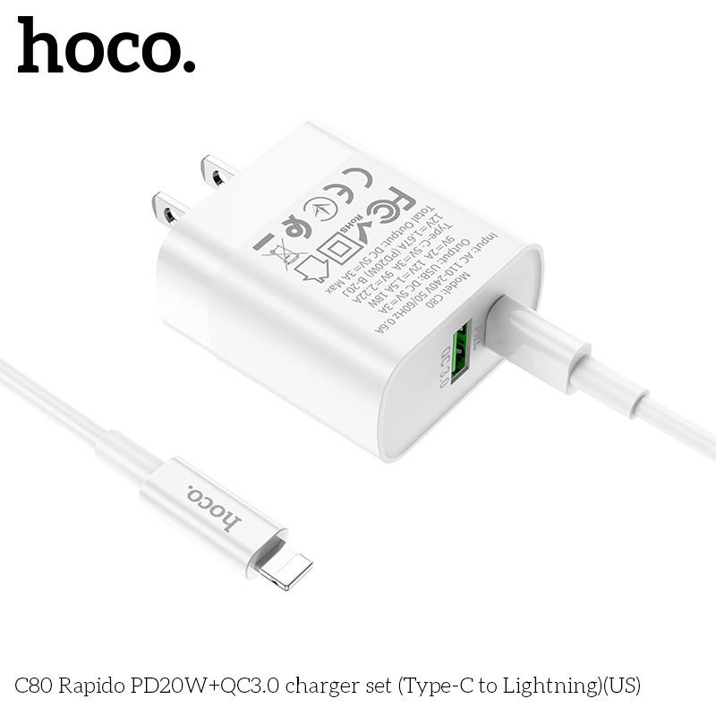 Bộ Sạc Nhanh Hoco C80 Pd20W Qc3.0 2 Cổng Type-C + Usb-A Kèm Cáp Type-C To Ip Dây Dài 1M