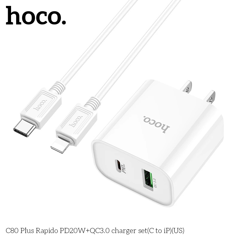 Bộ Sạc Nhanh Hoco C80 Plus Pd20W Qc3.0 2 Cổng Sạc Type-C + Usb-A Kèm Cáp Type-C To Ip Dài 1M