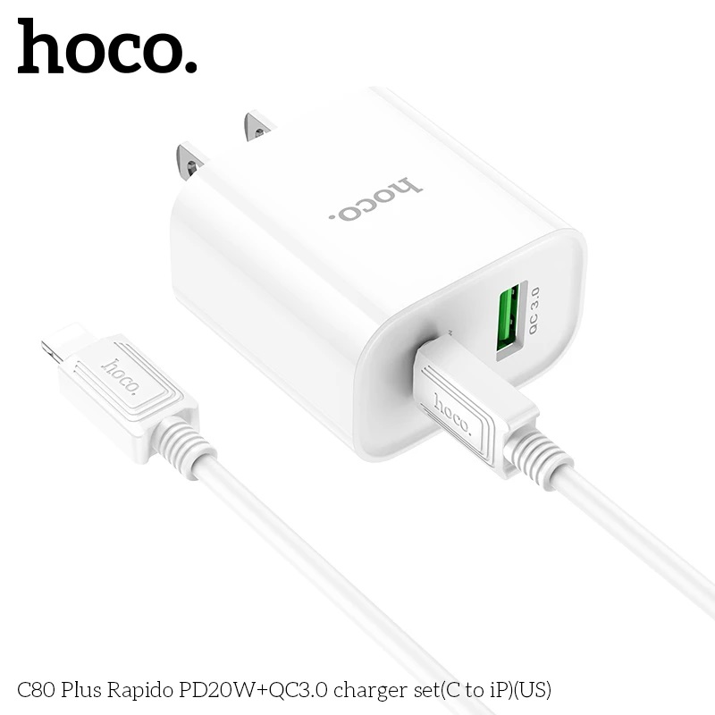 Bộ Sạc Nhanh Hoco C80 Plus Pd20W Qc3.0 2 Cổng Sạc Type-C + Usb-A Kèm Cáp Type-C To Ip Dài 1M