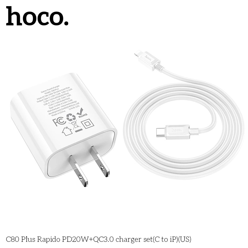 Bộ Sạc Nhanh Hoco C80 Plus Pd20W Qc3.0 2 Cổng Sạc Type-C + Usb-A Kèm Cáp Type-C To Ip Dài 1M