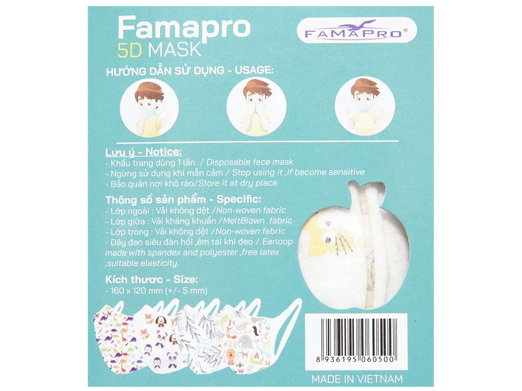 Hộp 10 Khẩu Trang Trẻ Em 5D Mask Quai Vải Famapro