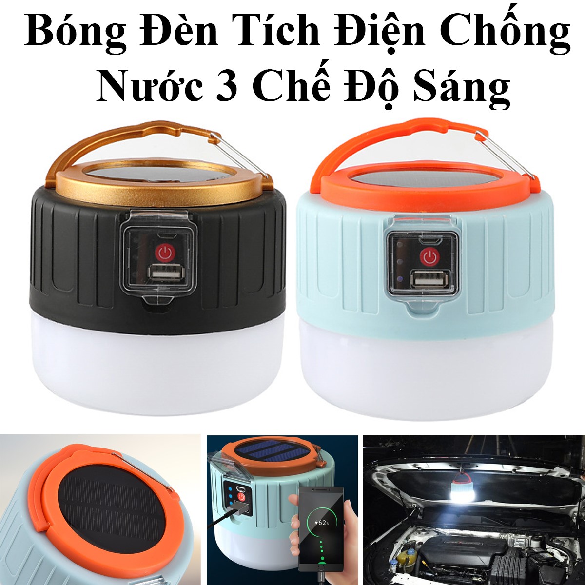 Bóng Đèn Tích Điện Chống Nước 3 Chế Độ Sáng Có Tấm Pin Solar Và Cổng Sạc Usb Cho Thiết Bị Khác