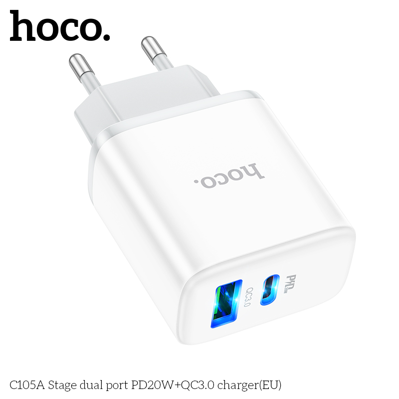 Cóc Sạc Nhanh Hoco C105A Pd20W + Qc3.0 2 Cổng Sạc Usb Và Type-C Có Đèn Led