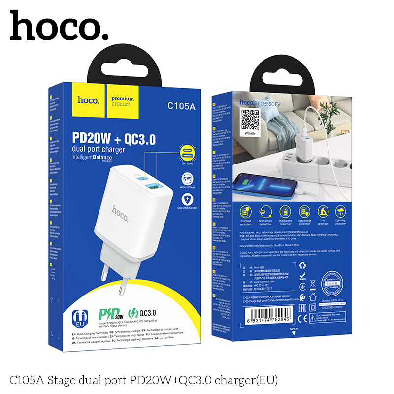 Cóc Sạc Nhanh Hoco C105A Pd20W + Qc3.0 2 Cổng Sạc Usb Và Type-C Có Đèn Led