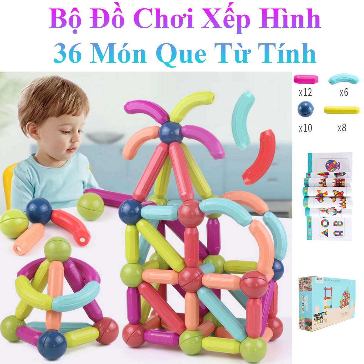Bộ Đồ Chơi Xếp Hình 36 Món Que Từ Tính Cho Bé Thông Minh Sáng Tạo