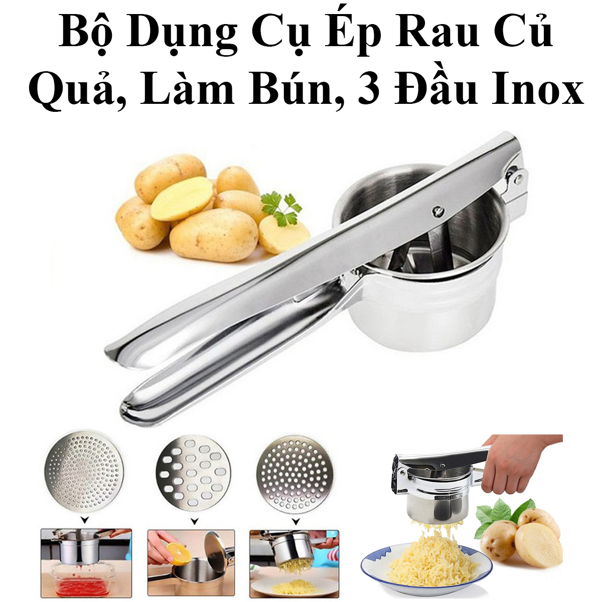 Bộ Dụng Cụ Ép Rau Củ Quả, Làm Bún, 3 Đầu Inox Không Rỉ Sét An Toàn Cho Sức Khỏe