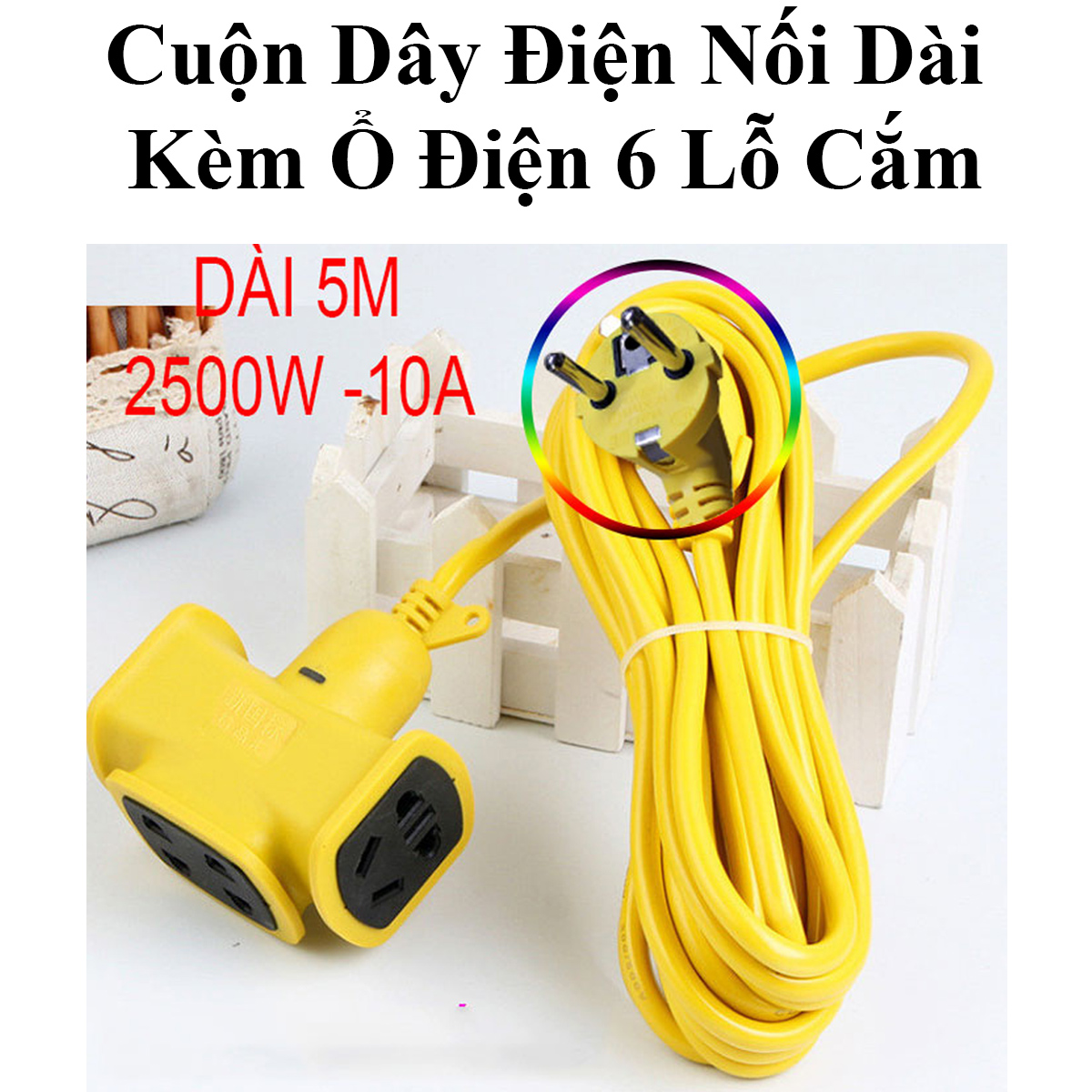 Cuộn Dây Điện Nối Dài Kèm Ổ Điện 6 Lỗ Cắm Dây Dài 5M Công Suất 2500W