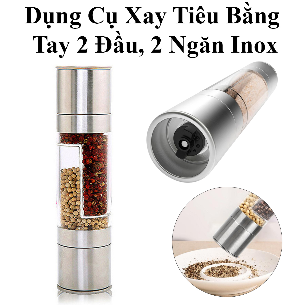 Dụng Cụ Xay Tiêu Bằng Tay 2 Đầu, 2 Ngăn Inox Tiện Lợi Cho Gia Đình