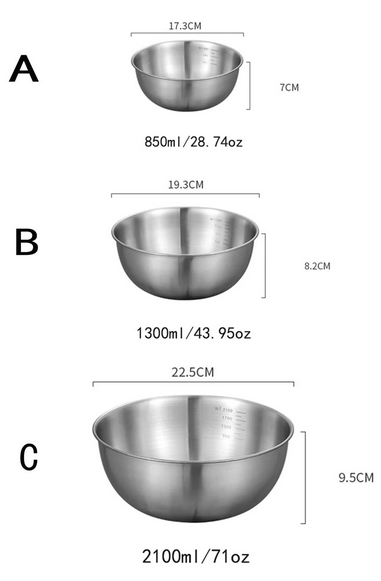 Bộ 3 Tô Trộn Inox 304 Có Chia Vạch Định Lượng 17-19.5-24Cm