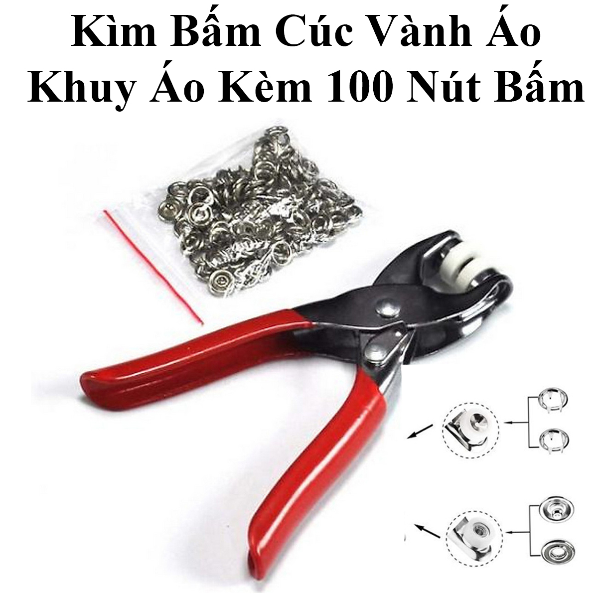 Kìm Bấm Cúc Vành Áo Kim Loại, Kìm Bấm Khuy, Tiện Lợi Kèm 100 Nút Bấm