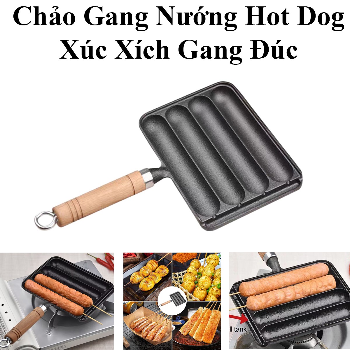 Chảo Gang Nướng Hot Dog , Xúc Xích Chất Liệu Gang Đúc Nguyên Khối Chống Dính