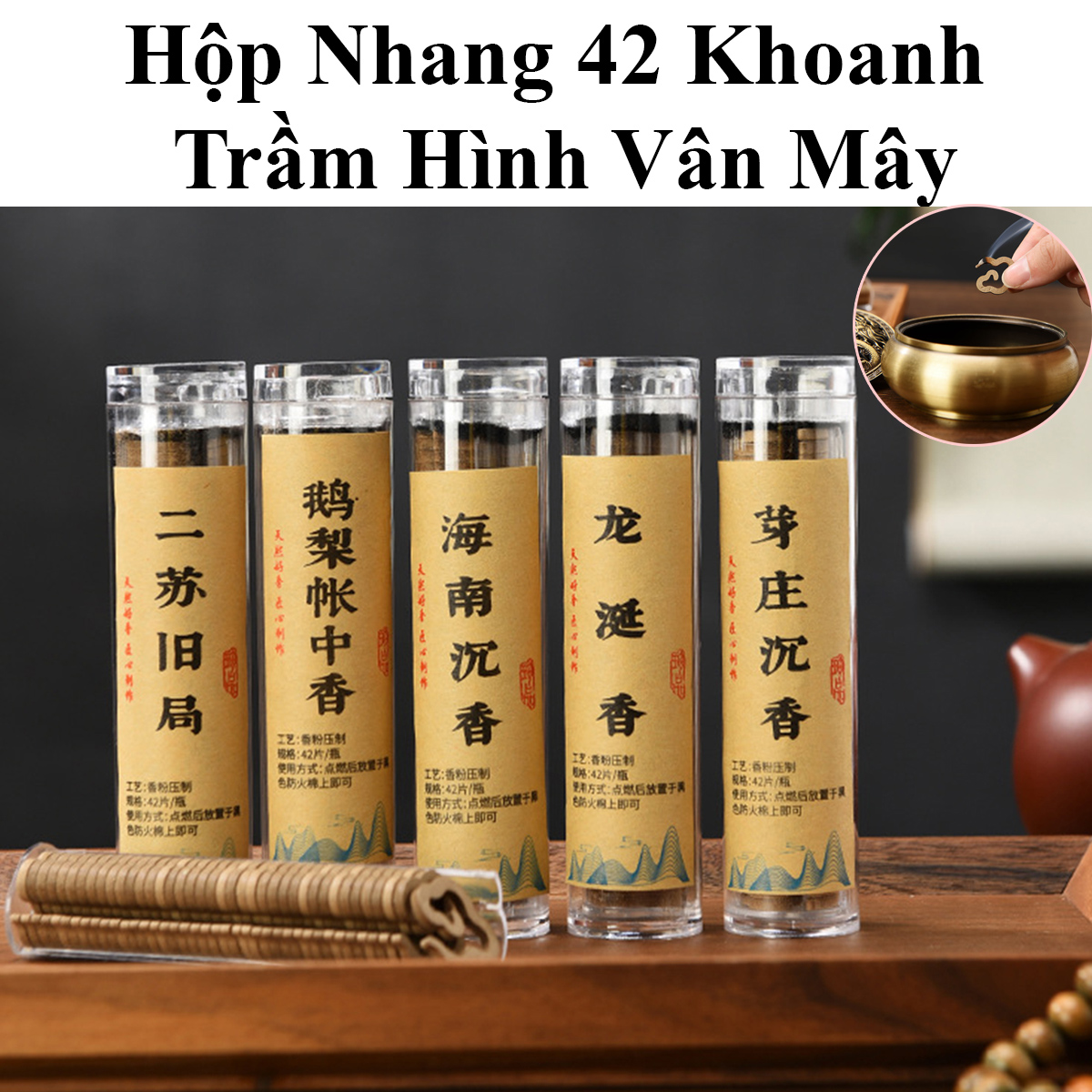 Hộp Nhang 42 Khoanh Trầm Đàn Hương Hình Vân Mây