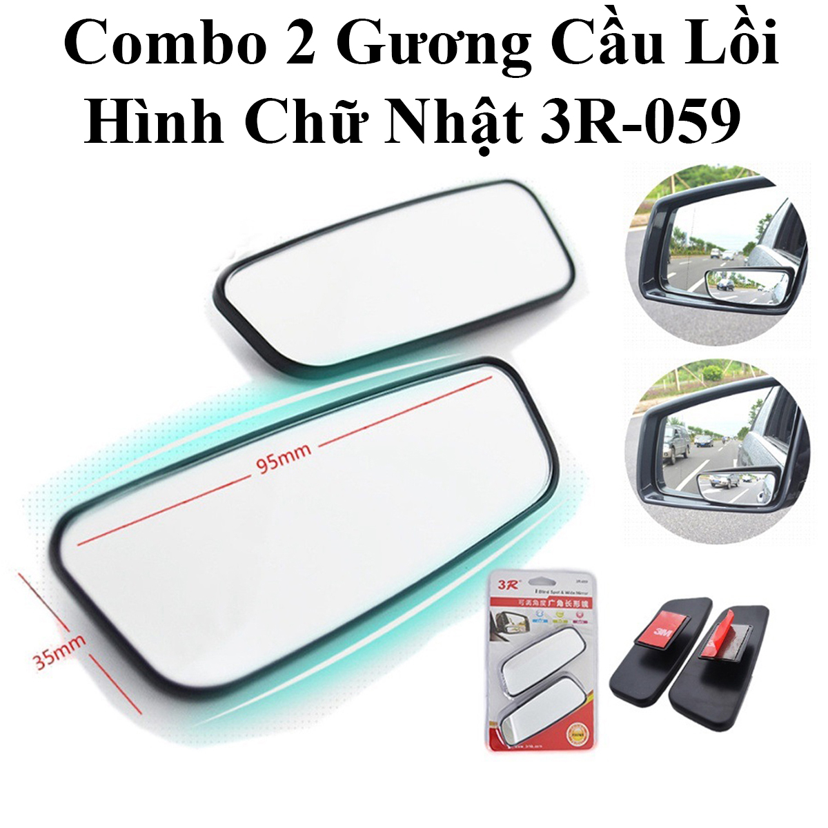 Combo 2 Gương Cầu Lồi 3R Xóa Điểm Mù Hình Chữ Nhật 3R-059 9.5X3.5Cm