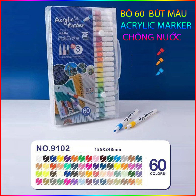 Hộp 60 Bút Màu Acrylic Marker Chống Nước Vẽ Trên Mọi Chất Liệu 20X13Cm