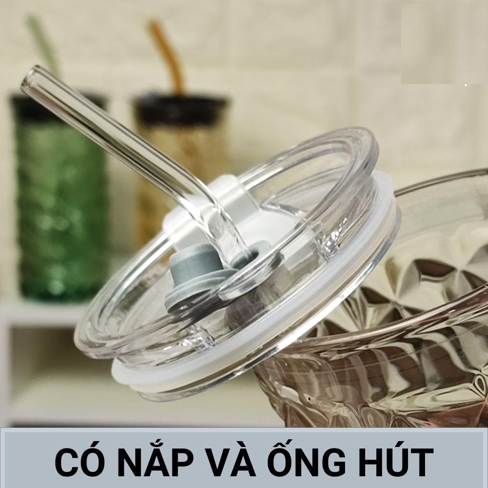 Ly Nước Thủy Tinh Pha Lê Nắp Gấu Kèm Ống Hút Hình Trụ