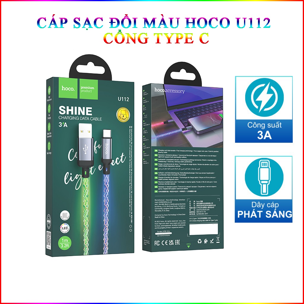 Cáp Sạc Nhanh Hoco U112 Shine 3A Đèn Led Đổi Màu Cổng Type C Dây Dài 1M