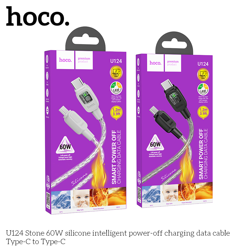 Cáp Dữ Liệu Sạc Tắt Nguồn Thông Minh Silicone Hoco U124 Type C To Type C 60W