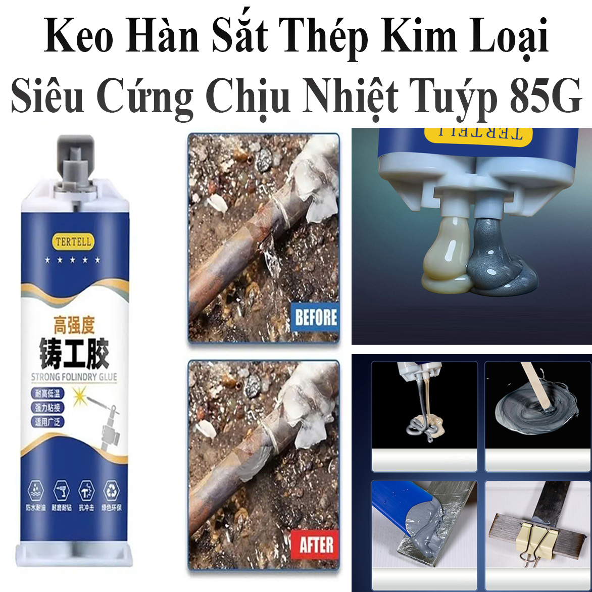 Keo Hàn Nối Sắt Thép Kim Loại Tertell Tuýp 85G Siêu Cứng Chịu Nhiệt Chống Bong