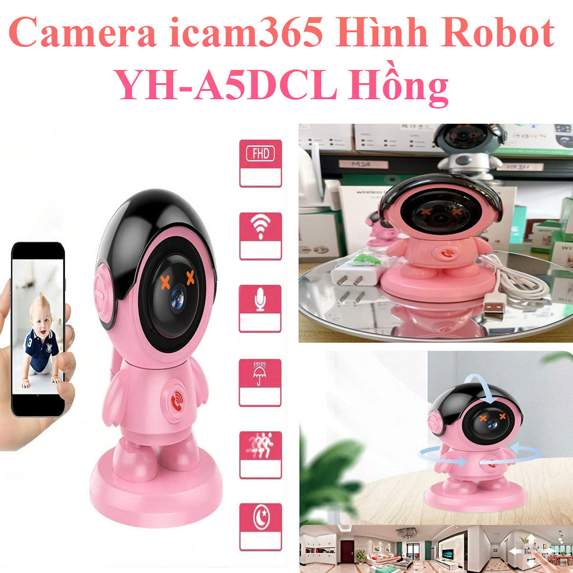 Camera Icam365 Hình Robot Yh-A5Dcl Gọi Thoại 2 Chiều Chỉ Với 1 Thao Tác Nhấn - Màu Hồng