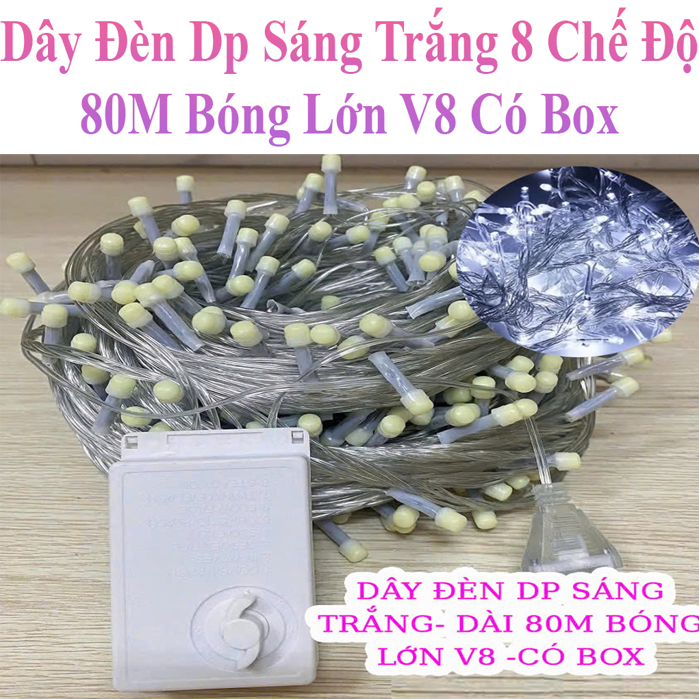 Dây Đèn Dp Sáng Trắng 8 Chế Độ Chớp Dài 80M Bóng Lớn V8 Có Box Điều Chỉnh Và Đầu Nối