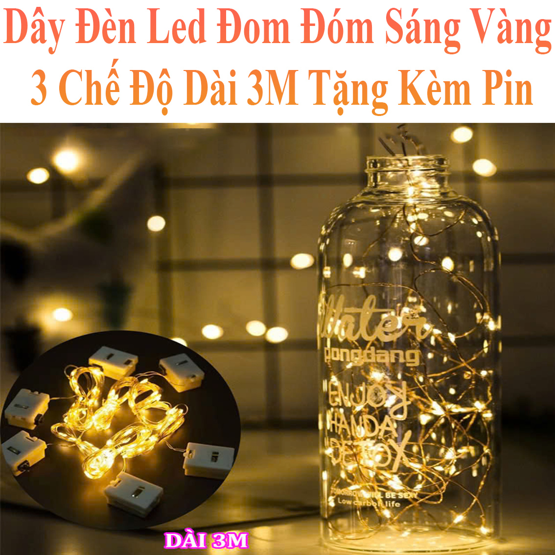 Dây Đèn Led Đom Đóm Sáng Vàng 3 Chế Độ Nháy Dài 3M Tặng Kèm Pin