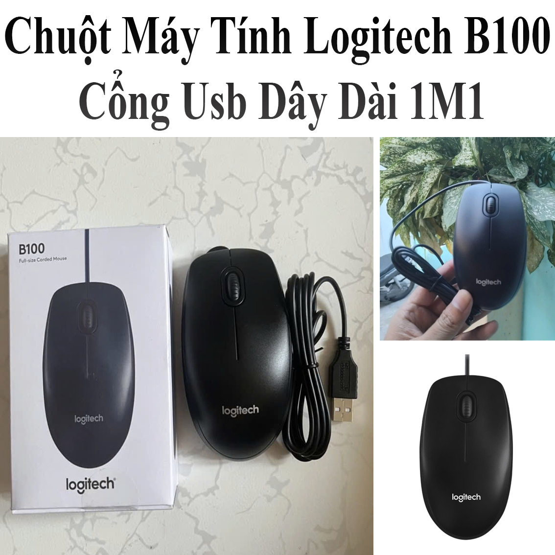 Chuột Quang Dây Logitech B100 Máy Tính  Cổng Usb Dây Dài 1.1M