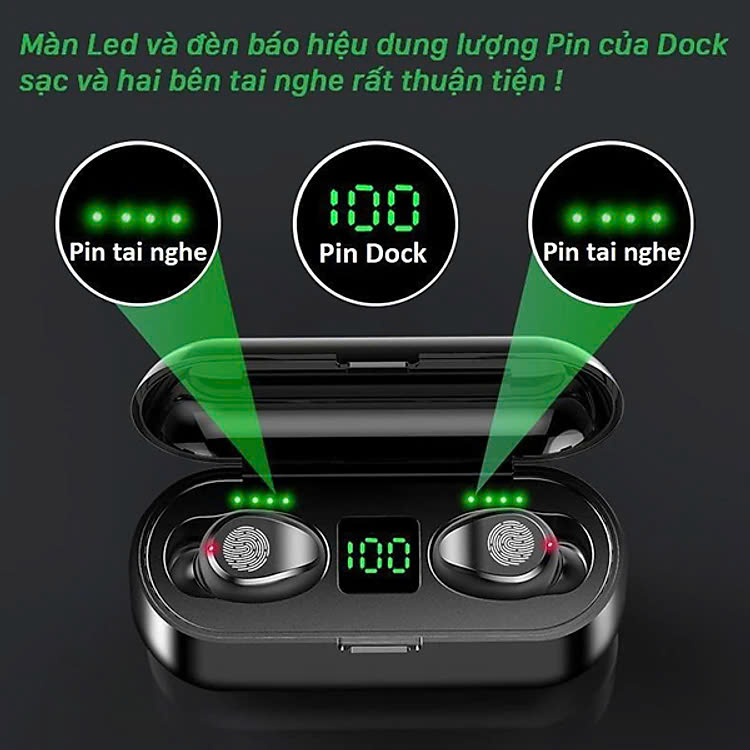 Tai Nghe Không Dây Bluetooth Tws 5.0 Amoi F9 Cảm Ứng Vân Tay, Dock Sạc Có Led Báo Pin Kép