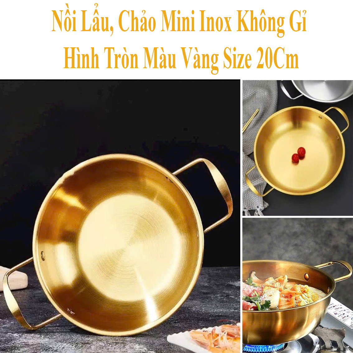 Nồi Lẩu, Chảo Mini Inox Không Gỉ Hình Tròn Màu Vàng Size 20Cm