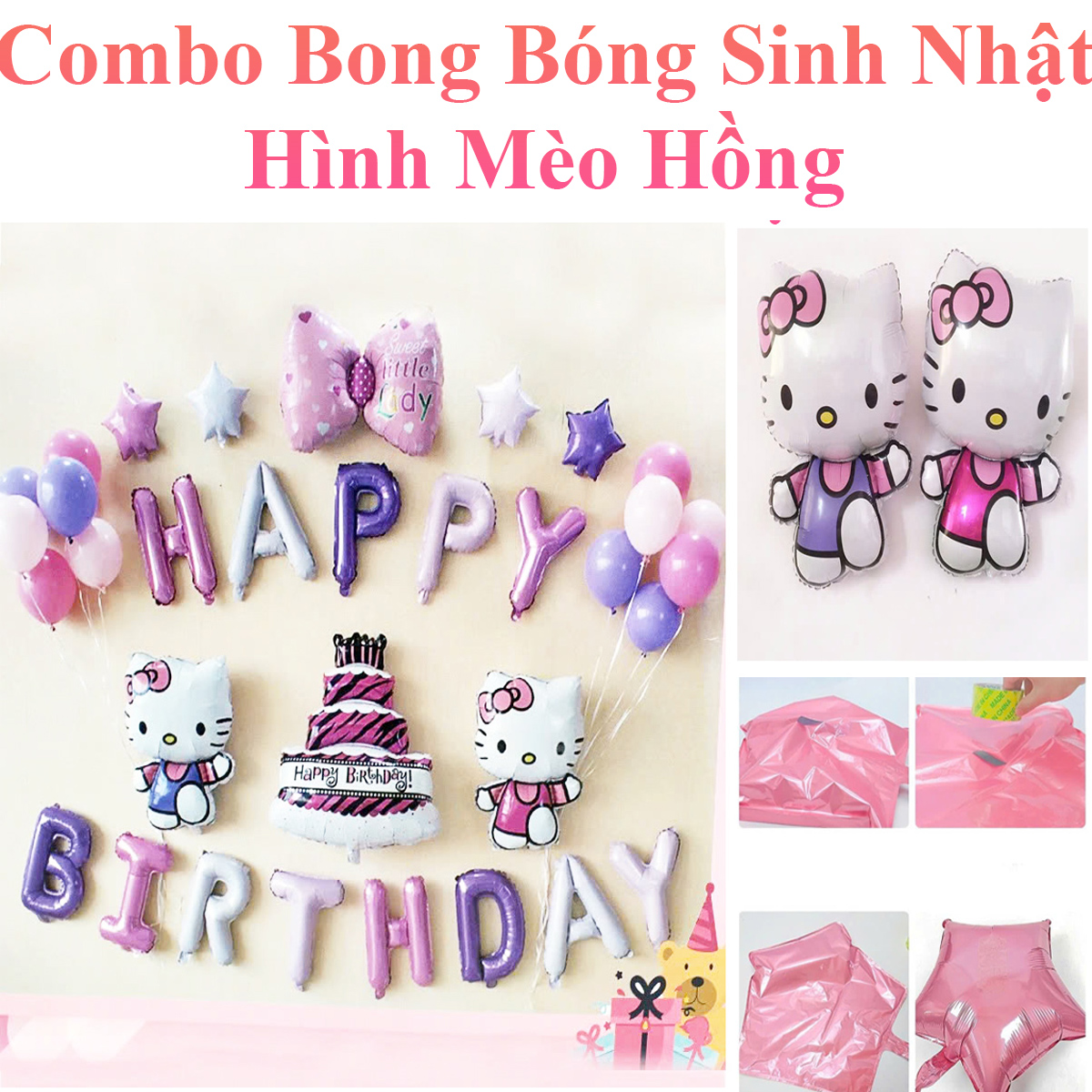 Combo Bong Bóng Sinh Nhật Hình Mèo Hồng Hm-1020 Cho Bé