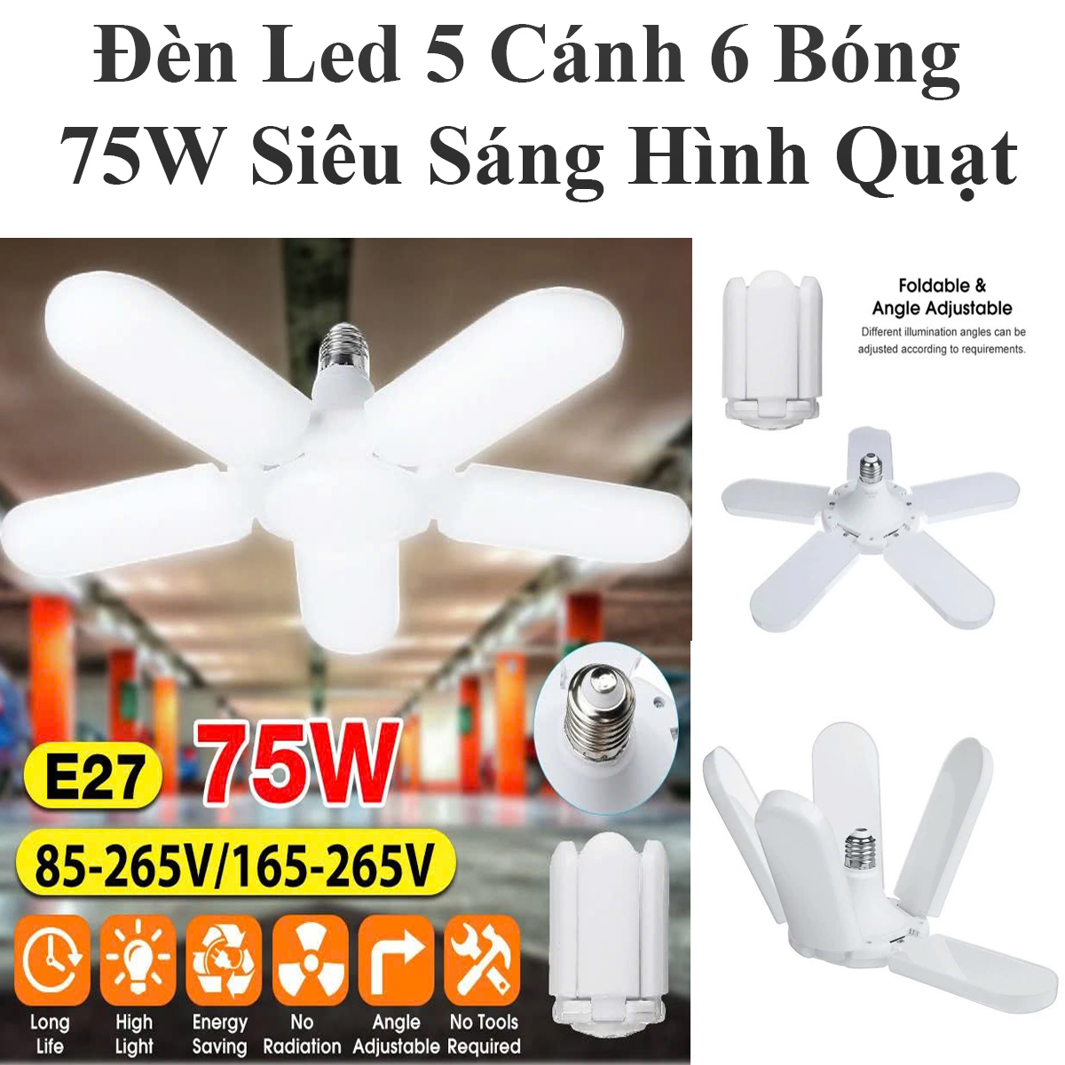 Đèn Led 5 Cánh 6 Bóng Mango 75W Siêu Sáng Hình Quạt Tiện Dụng