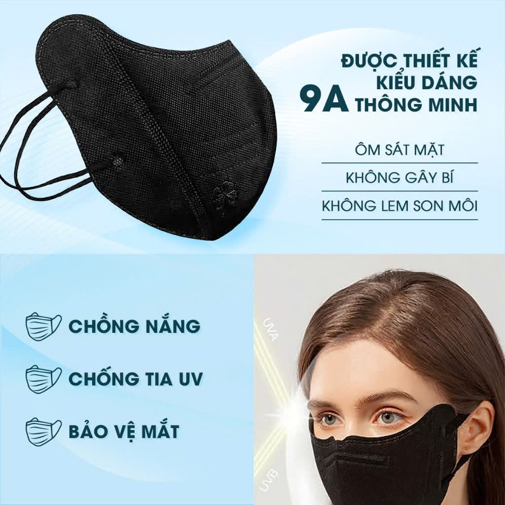 Set 100 Khẩu Trang 9A Pt 5 Lớp Chống Nắng, Ngăn Bụi Mịn Hiệu Quả (Màu Đen )