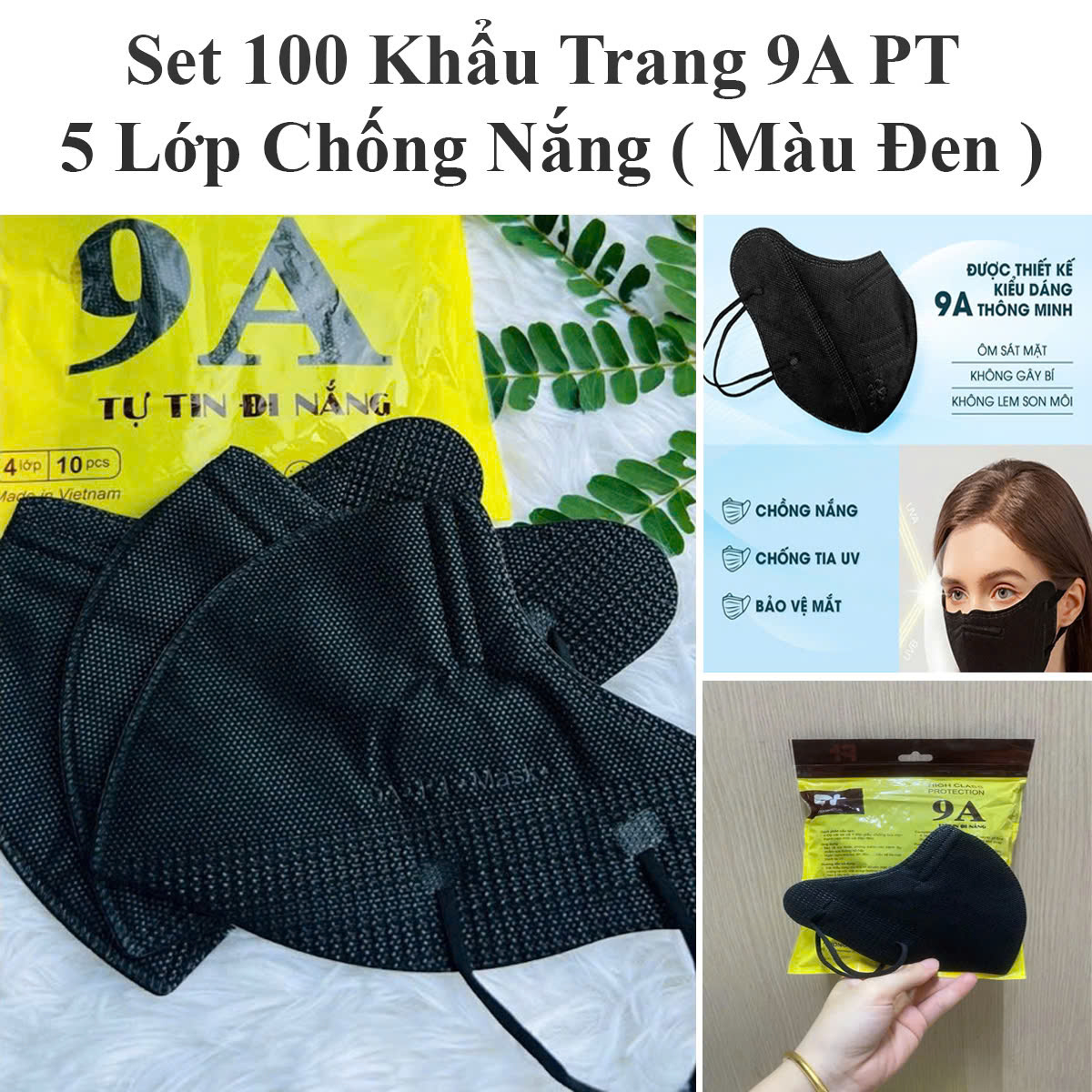 Combo 10 Túi 100 Khẩu Trang 9A Pt 5 Lớp Chống Nắng, Ngăn Bụi Mịn Hiệu Quả (Màu Đen )