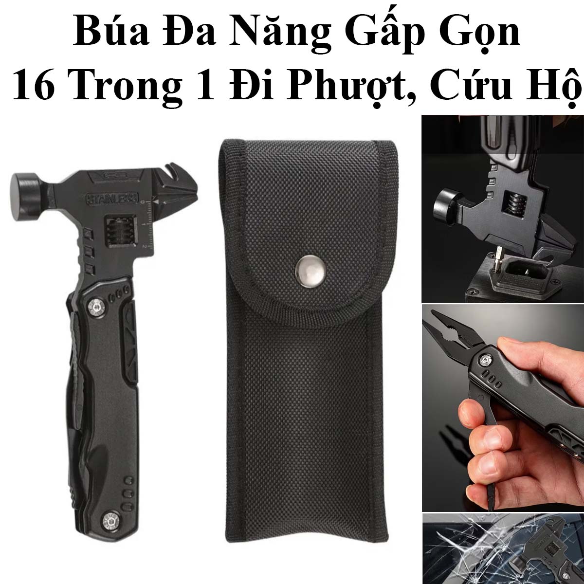 Dụng Cụ Sinh Tồn 16 Trong 1 Búa Kiêm Kìm, Mỏ Lết, Tua Vít, Cưa Đa Năng