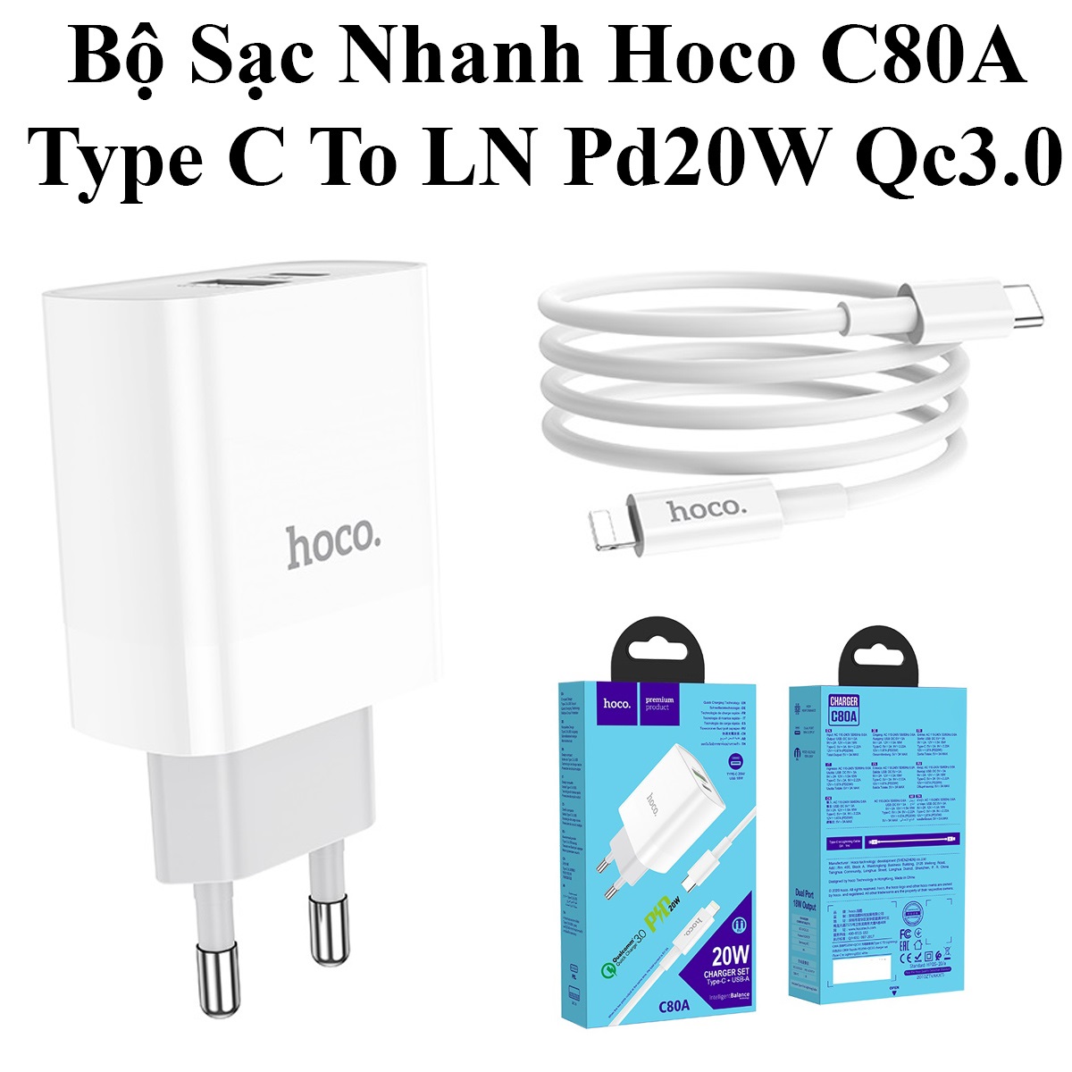 Bộ Sạc Nhanh Hoco C80A Type C To Ln Pd20W Qc3.0 2 Cổng Sạc Usb Và Type-C
