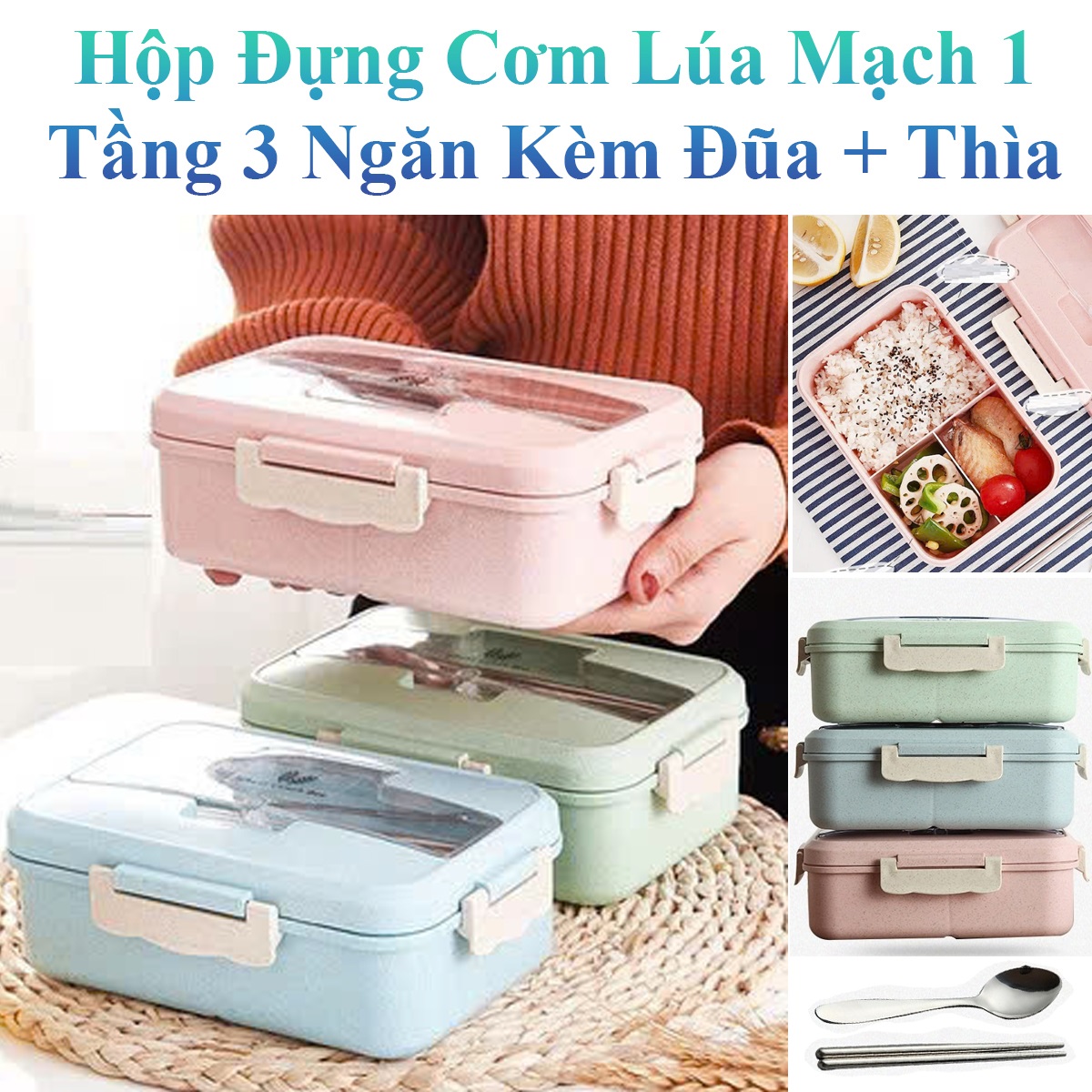 Hộp Đựng Cơm Lúa Mạch 1 Tầng 3 Ngăn Kèm Đũa Và Thìa Inox
