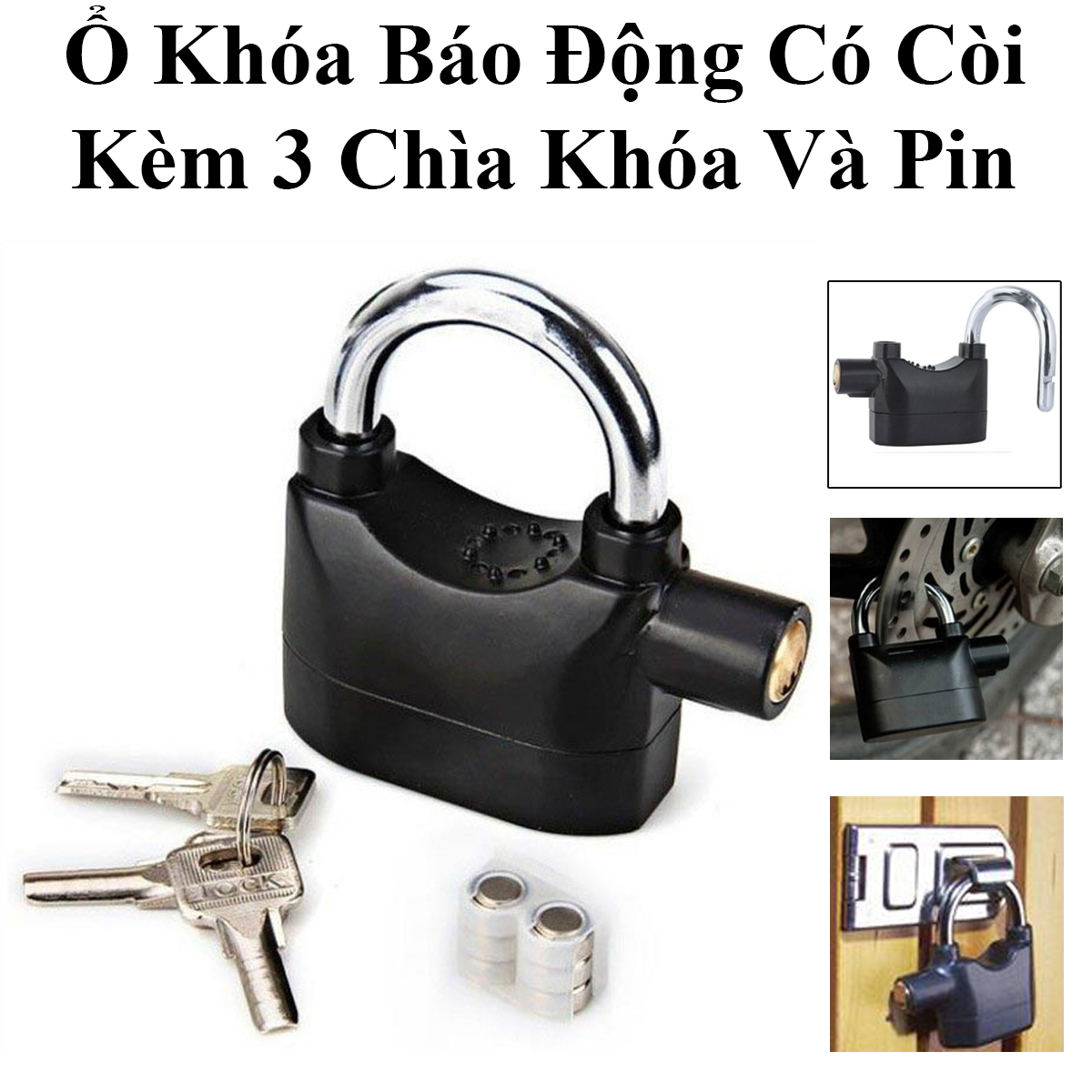 Ổ Khóa Báo Động Có Còi Chống Trộm Kèm 3 Chìa Khóa Và Pin Tiện Lợi