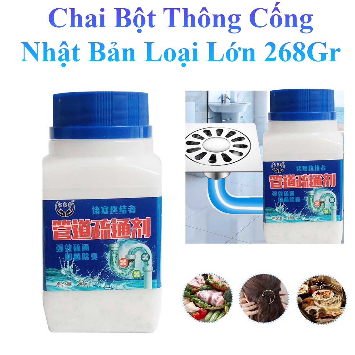 Chai Bột Thông Cống Cực Mạnh Nhật Bản Loại Lớn 268Gr (Nắp Xanh)