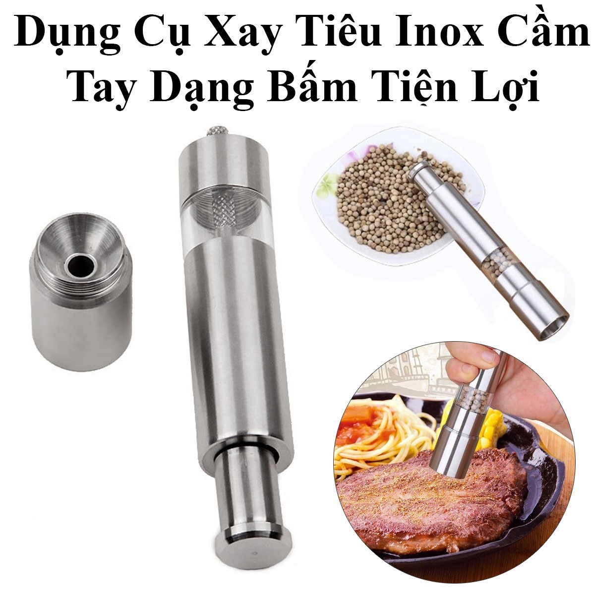 Dụng Cụ Xay Tiêu Inox Cầm Tay Dạng Bấm Tiện Lợi Dài 15Cm