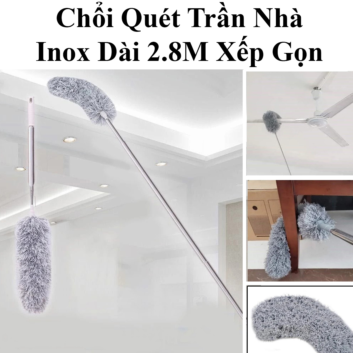 Chổi Quét Trần Nhà, Màng Nhện Inox Dài 2.8M Xếp Gọn