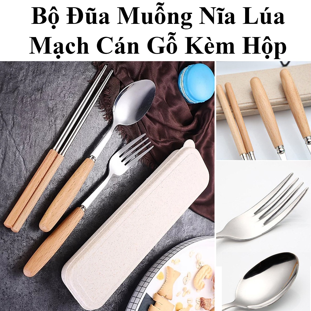 Bộ Đũa Muỗng Nĩa Lúa Mạch Cán Gỗ