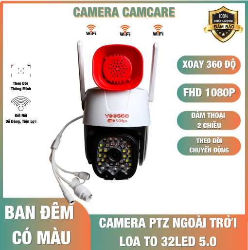 Camera IP Yoosee PTZ 5.0MPX 2 Râu 32 Led Xoay 360 Độ Có Còi Hú Lớn Và Đèn Báo Động Có Hồng Ngoại Ban Đêm Có Màu